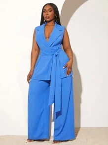 SHEIN SXY 大码女式纯色无袖西装外套套装，秋冬日常穿着