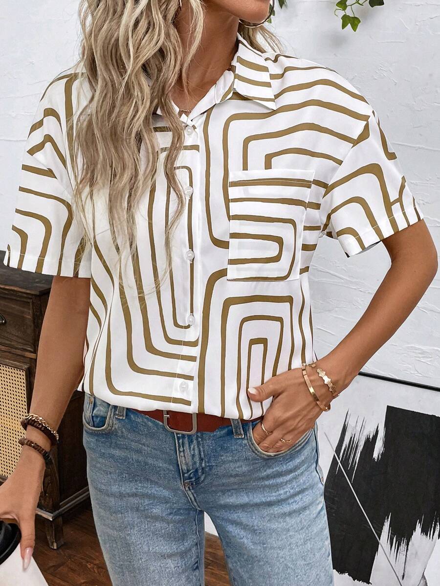 SHEIN LUNE قميص نسائي بأكمام قصيرة بتصميم ملون بزر أحادي للصيف - متعدد الألوان - مشاهدة 1