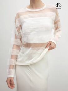 BizChic Áo len sọc xuyên thấu thông thường dành cho nữ - Màu be - Xem 1