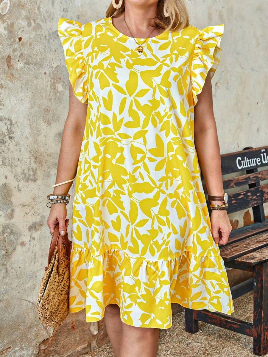 大尺碼圓領色塊印花夏季裙 - 彩色 - 查看 1