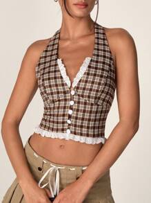 SHEIN Unity Áo khoác kẻ sọc rỗng ren chắp vá cài nút phía sau cổ phía trước - Nhiều màu - Xem 1