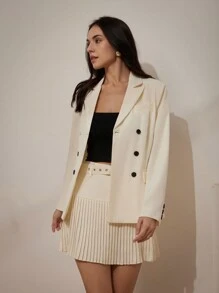 Aveloria Modichic Collared Double-Breasted Suit Jacket With Belt And Pleated A-Line Mini Skirt Set Fall Cloth For Women - Beige - View 6