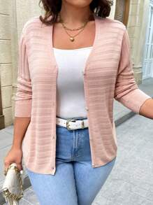 SHEIN LUNE 大尺碼純色V領修身長袖開襟羊毛衫，適合日常休閒和度假 - 杏色 - 查看 1