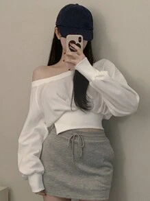 DAZY 女士短款露肩腰带卫衣，秋季可爱上衣 - 白色 - 查看 2