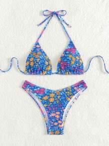 SHEIN Swim Floral Print Smocked Halter Triangle Bikini Set Summer