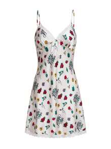 Frida Kahlo X SHEIN Ladies Letter And Floral Printed Contrast Lace Slip Nightdress For Summer