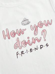 FRIENDS X SHEIN Women's Casual Slogan & Coffee Cup Print White Tank Top, Summer How You Doin