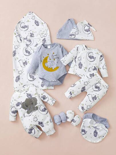 SHEIN Conjunto de mameluco de manga larga con patrones de elefante en dibujos animados y pantalones cómodos y holgados para bebé niño, Primavera/Otoño, Gran regalo