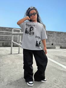 SHEIN Leap Crew Tween Girl時尚印花寬鬆落肩T恤，附有3D蝴蝶結裝飾和貨物長褲2入組套裝 - 灰色 - 查看 5