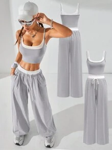 Coolane Conjunto de ropa de calle de primavera/verano para mujer con estilo, parte superior de tirantes finos con diseño de bloques de color + pantalones de color contrastante