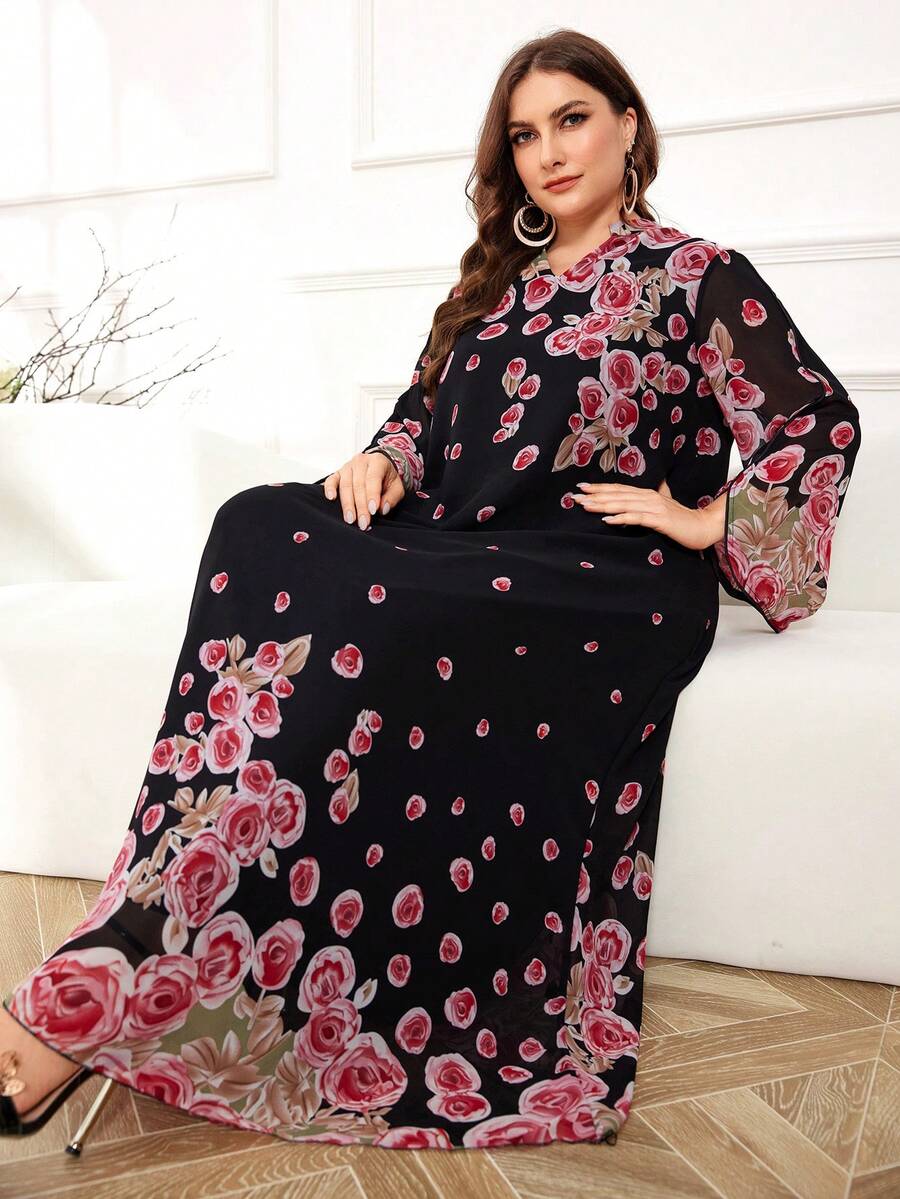 Al Najma 大码女士连衣裙，随机印花，全长优雅 Jalabiya Kaftan 宽松朴素长袖连衣裙 - 粉色 - 查看 1