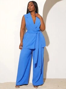 SHEIN SXY 大码女式纯色无袖西装外套套装，秋冬日常穿着