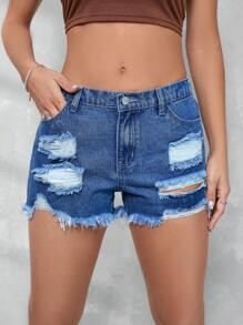 SHEIN Tall Women's Low-Rise Distressed Denim Shorts, Summer Clothing For Tall Women, Country Music Festival And Carnival Clothing, Frayed Hemline, Blue