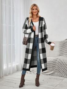 SHEIN LUNE Casual Checkerboard Pattern Long Cardigan With Pockets Fall Sweaters - Black and White - View 5