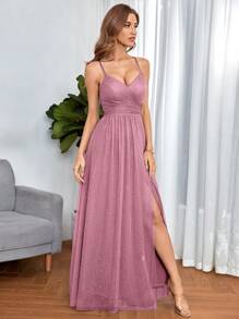 UNITHORSE Lace Up Criss Cross Split Thigh Mesh Bridesmaid Dress Elegant Formal Evening Prom Wedding Guest Gown, For Graduation, Dinner Party Dress, Bride Dress, Birthday Women Outfits, Graduation Dress, Formal Dress, School Clothes - 藕粉色 - 查看 1