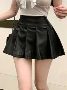 DAZY Women's Solid Color Pleated PU Skirt, Summer Leather Skirt - Black - View 1