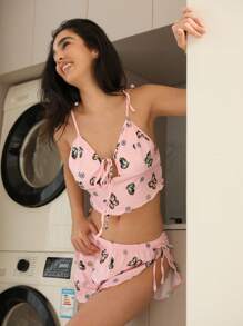 Cartoon Graphic Tie Shoulder Cami Top & Shorts PJ Set / Pajama Set - Pink - View 3