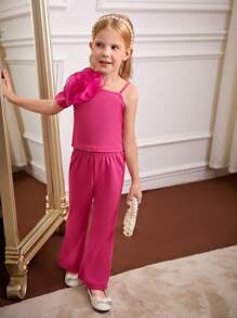 SHEIN Young Girls Asymmetrical Neck Stereo Flower Top & Flare Leg Pants - Hot Pink - View 6