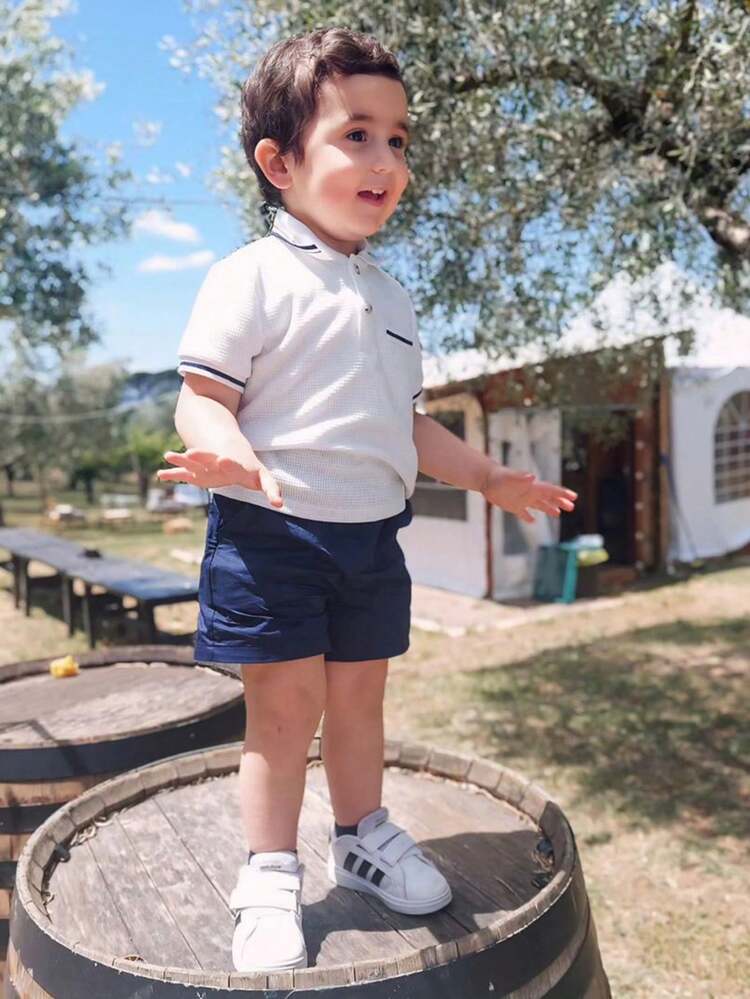 Cozy Pixies Conjunto De Top De Jersey De Manga Corta Con Cuello Para Bebe Varon Y Pantalones Cortos De Color Sólido - Azul - Añade 3
