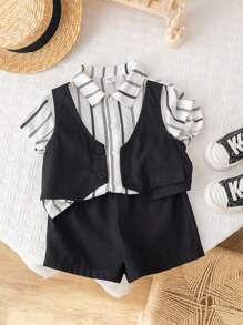 SHEIN Áo vest thường ngày cho bé trai/bé gái, áo sơ mi ngắn tay màu trơn/sọc & quần short lưng thun, lý tưởng cho các bữa tiệc sinh nhật, lễ rửa tội, lễ kỷ niệm sinh nhật đầu tiên, tiệc tùng, biểu diễn, đám cưới, v.v. - Nhiều màu - Xem 12