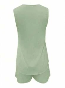 INAWLY 2入組女士純色簡約日常背心短褲套裝 - 薄荷綠 - 查看 2