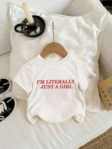 少女夏季T恤，口號印刷短袖休閒圓領上衣帶字母印刷 - 白色 - 查看 1