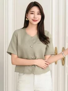 DAZY Áo khoác cổ tròn ngắn tay thường ngày dành cho nữ, Xuân/Hè - Màu xanh Bạc hà - Xem 8