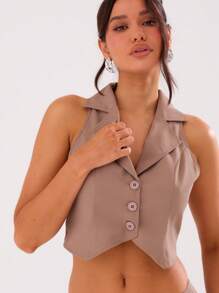 MUSERA 商务深V领翻领修身马甲度假春季优雅春节假日 - 咖啡棕 - 查看 1