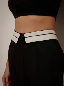 GENKIRA Flared Hem Horseshoe Design Foldable Waist Trousers Pants With A Chic Look Fall Cloth For Women - Black - View 3