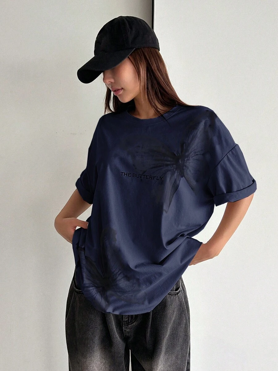 DAZY Coconut Tree Print Drop Shoulder Tee Oversized T-Shirt - Navy Blue - View 1