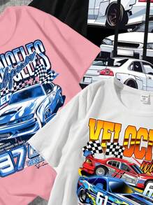 SHEIN EZwear 3pcs Casual Minimalist Car Pattern Loose Fit Women's Short Sleeve T-Shirt, Summer, SPEED NEW ADVENTURES STRAIGHT TOWARDS THE GOALS 97 NEW AMATEUR Be Brave RACE TO THE FUTURE VELOCITY  61 FULL OF COURAGE