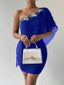 Chiquease Ladies' Oblique-Shoulder Pleated Tight Embroidery Patchwork Dress, Summer - Blue - View 3