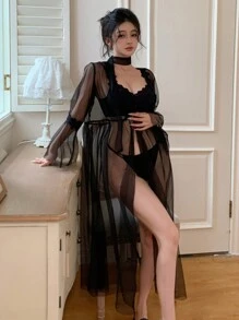 DAZY Mesh Contrast Lace Trimmed Nightgown Sheer See Through Robe Pajama - Black - View 7