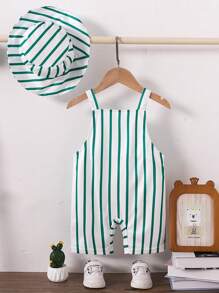 SHEIN Baby Boys' Cartoon Printed Striped Romper And Hat Set - Green - View 2