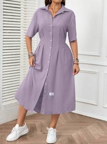 SHEIN LUNE Plus Size Solid Color Single Breasted Textured Fabric Short Sleeve Women's Dress - Mauve Purple - View 3