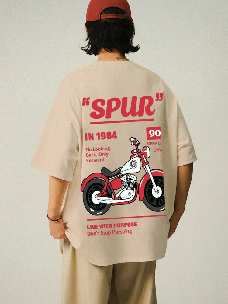 Men's Summer Loose-Fit Letter Printed Round Neck Tee With Drop Shoulder Sleeves Back To School