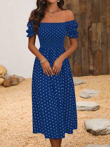 SHEIN Clasi Ladies' Polka Dot Square Neck Short Sleeve Summer Slit Dress - Royal Blue - View 4