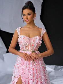 Glamrae Đầm dạ hội dày dặn, cổ vuông, tay lửng, họa tiết hoa ba chiều, màu hồng lãng mạn thanh lịch, cạp chun, xẻ cao, có thể điều chỉnh độ rộng, viền A - Màu Hồng baby - Xem 5