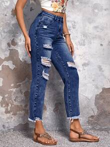 SHEIN LUNE Pantalones vaqueros informales en forma de cono con efecto desgastado, lavados - Azul lavado oscuro - Ver 6