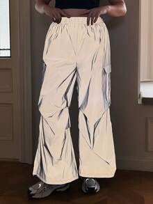 SHEIN EZwear Women's Plus Size Reflective Parachute Material Cargo Parachute Baggy Pants - Grey - View 4