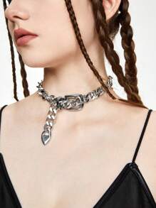 ROMWE Goth 1入流行的朋克幾何厚實鏈條皮帶扣項鍊 - 銀色 - 查看 2