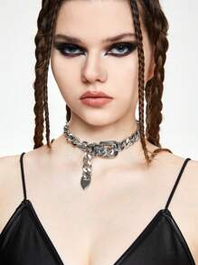 ROMWE Goth 1入流行的朋克幾何厚實鏈條皮帶扣項鍊 - 銀色 - 查看 4