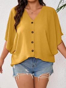 SHEIN LUNE 大碼夏季休閒寬鬆蝙蝠袖襯衫，胸前鈕扣裝飾 - 黃色 - 查看 5