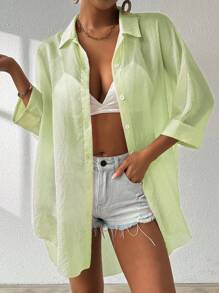 SHEIN Essnce Solid Button Front Kimono Summer - Mint Green - View 4