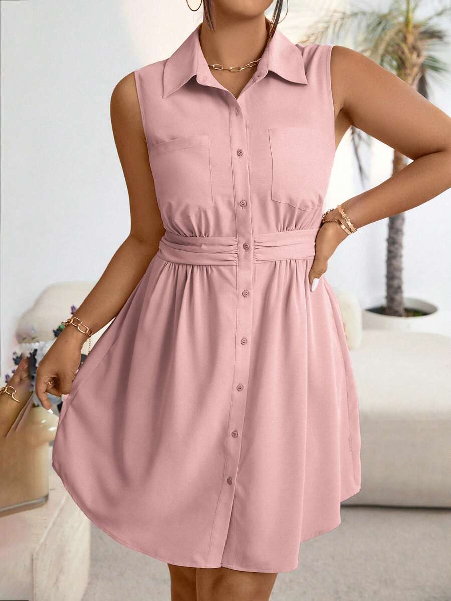 Calvaya Váy sơ mi nữ không tay một hàng khuy màu trơn cỡ lớn, mùa hè - Hồng - Xem 1