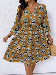 SHEIN LUNE Váy mùa hè in hình cỡ lớn với đường viền cổ chữ V có khía - Màu Khaki - Xem 1