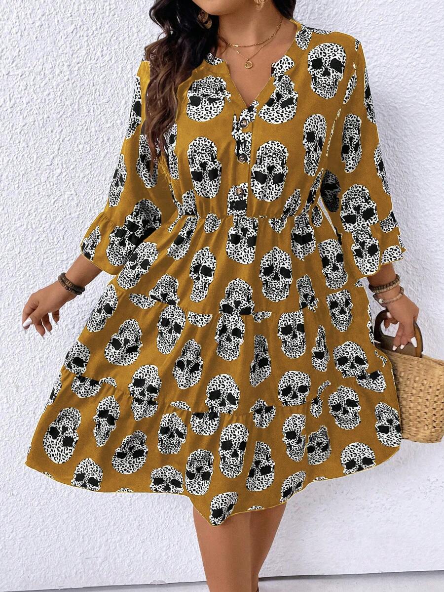 SHEIN LUNE Váy mùa hè in hình cỡ lớn với đường viền cổ chữ V có khía - Màu Khaki - Xem 1