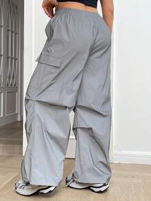 SHEIN EZwear Women's Plus Size Reflective Parachute Material Cargo Parachute Baggy Pants - Grey - View 2