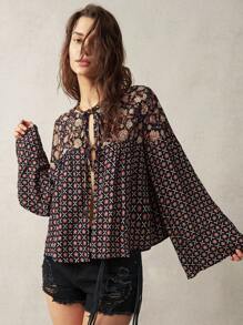 Bohemela Women's Vintage Shirt With Floral Pattern And Tie Front For Pre-Vacation - Multicolor - View 1