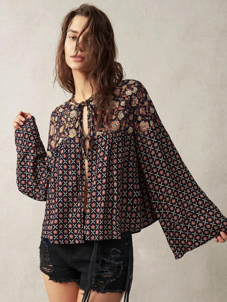 Bohemela Women's Vintage Shirt With Floral Pattern And Tie Front For Pre-Vacation - Multicolor - View 1